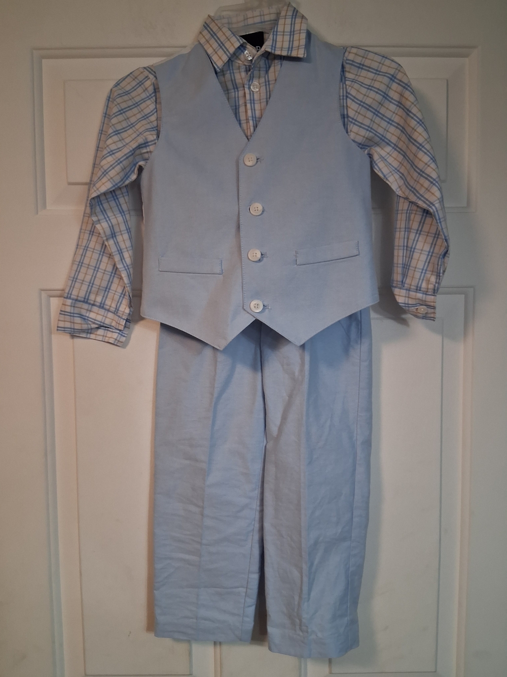 Izod Light Blue Boys Dress Vest Pant Matching Set Plaid Shirt 4T